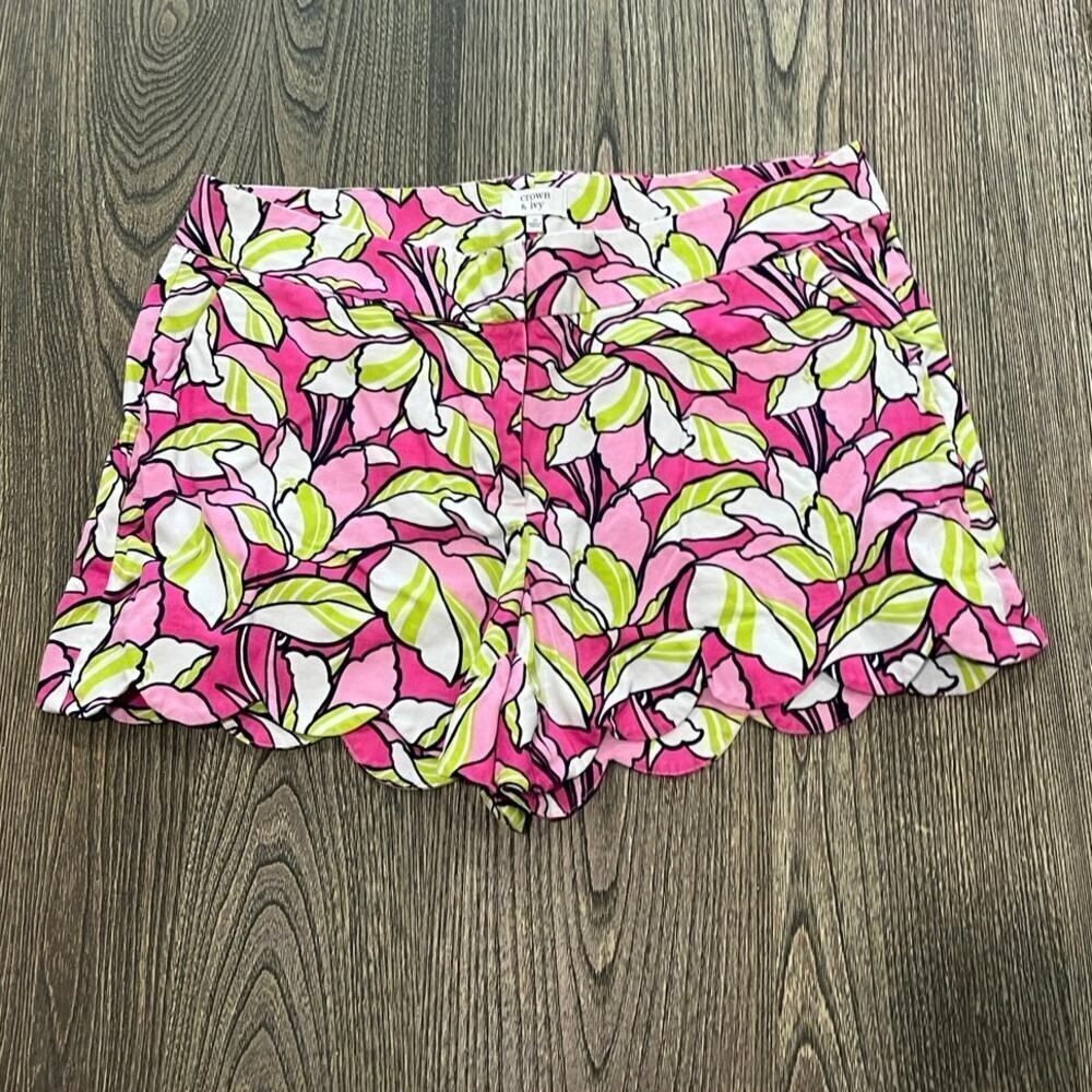 Crown & Ivy Womens Floral Shorts Mid Rise Flat Front Pink Green Size 10